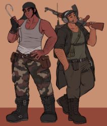 A full body drawing of two men on a neutral background. To the left is Sanford, the taller one, with one hand on his hip and the other holding a hook. Sanford is wearing circle-shaped sunglasses, a dark grey durag, a light grey tank top, camoflauge-patterned cargo pants, and black boots. There are bandages wrapped around the lower part of his waist. He has a pouch and a knife holster hanging off his belt resting on his right hip, and another pouch slung around by a strap over his left hip. The hook is being held in his right hand, which is connected by a string to the fingerless glove he is only wearing on this hand. On his right forearm, a skin graft scar is visible. To the right is Deimos, who is standing with his left leg crossed behind him and resting an AK-47 on his shoulder with his left arm. His right hand is in his pants pocket. Deimos is wearing a dark-colored visor, a grey headset with a microphone, a dark trenchcoat, a faded green shirt, greyish-green pants, and dark brown boots. He has a cross-body gun magazine pouch peeking out from the left side of his coat. He has a few pouches hanging off the belt on his right side and a knife pouch strapped to his upper left thigh. A belt is visible below his chest that is connected to the portable military radio strapped to his back. A cigarette is hanging out of his mouth.