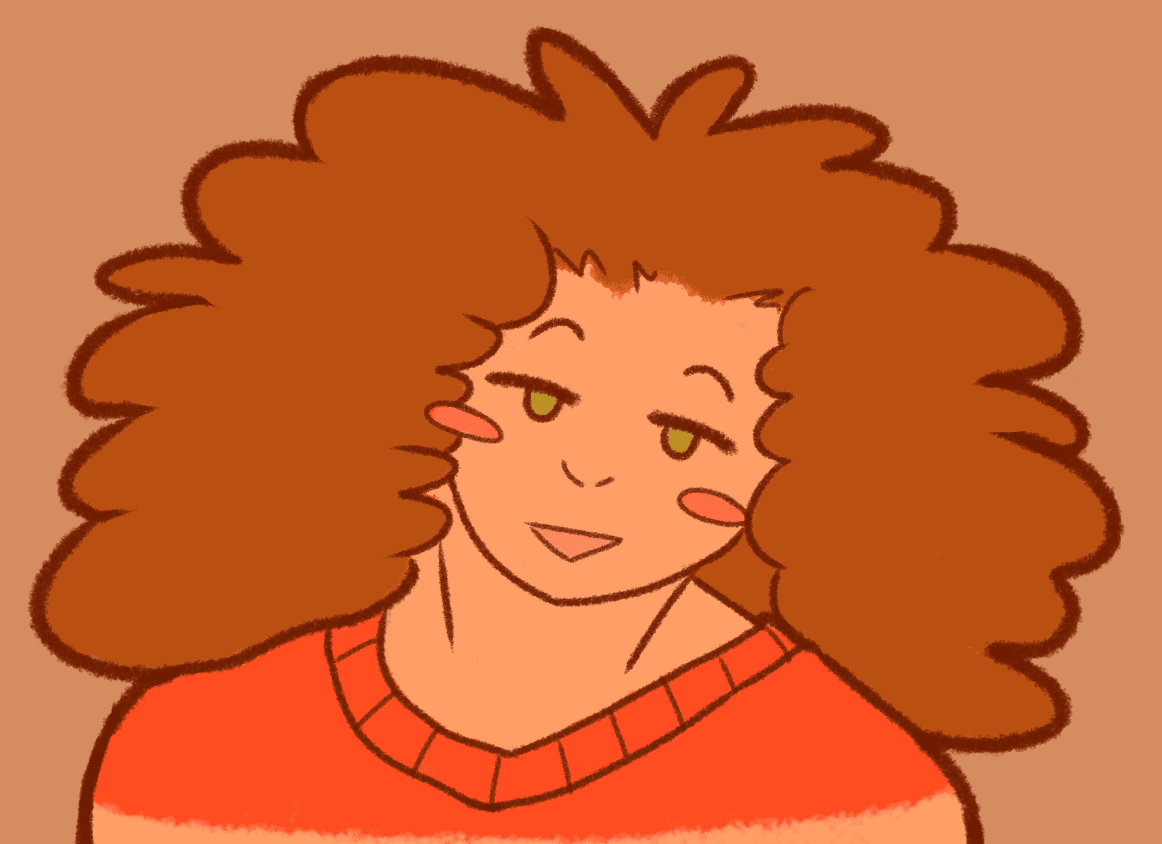 A simple drawing of a person with frizzy brown hair, green eyes, and a red-and-beige striped shirt. They have a relaxed smiling expression.