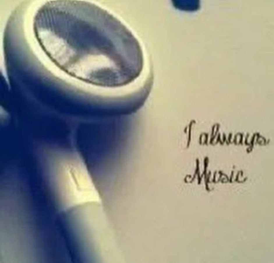 A photo of one iPhone wired earbud with an Instagram filter over it. Cursive text to the right of the earbud reads 'I always Music'.