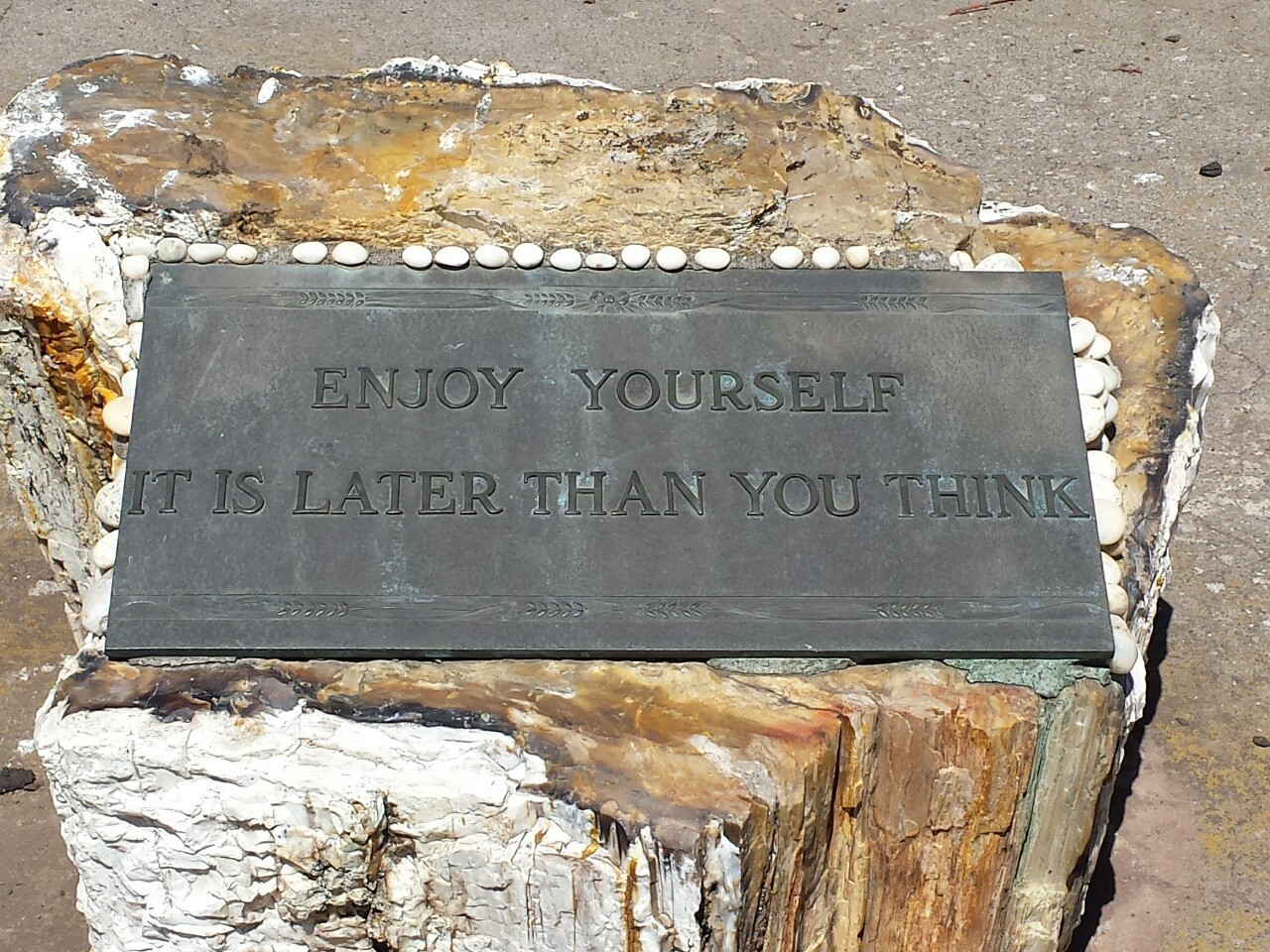 A metal plaque on what appears to be an old tree stump reads: 'Enjoy yourself. It is later than you think.'