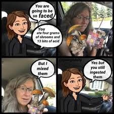 A 4 panel photomanipulated comic of a Bitmoji and real woman talking in a car. First panel has the Bitmoji saying 'You are going to be so faced. You ate four grams of shrooms and 13 hits of acid'. Second panel is the woman smiling while holding the shrooms and acid sheets, third panel is a different photo of her holding them but with the text 'But I mixed them'. The fourth panel is the Bitmoji saying 'Yes but you still ingested them'