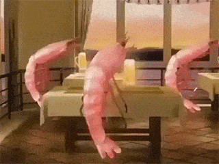 An animated GIF showing a group of shrimp at some sort of dinner party dancing/bouncing and holding mugs of beer.